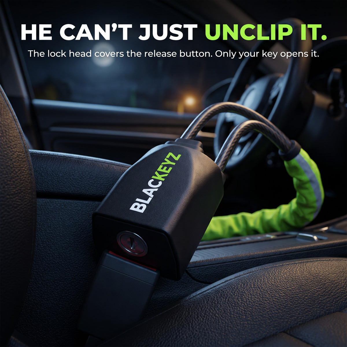 He can't just unclip it: the lock head covers the seatbelt release button