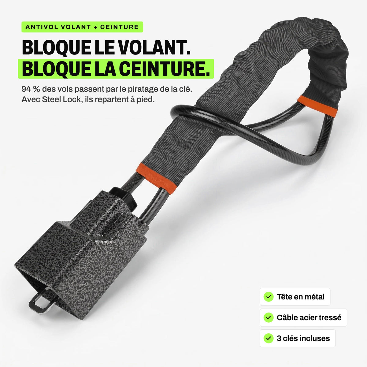 Antivol de volant Steel Lock qui bloque le volant et la ceinture